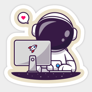 Cute Astronaut Working With Computer Cartoon Sticker